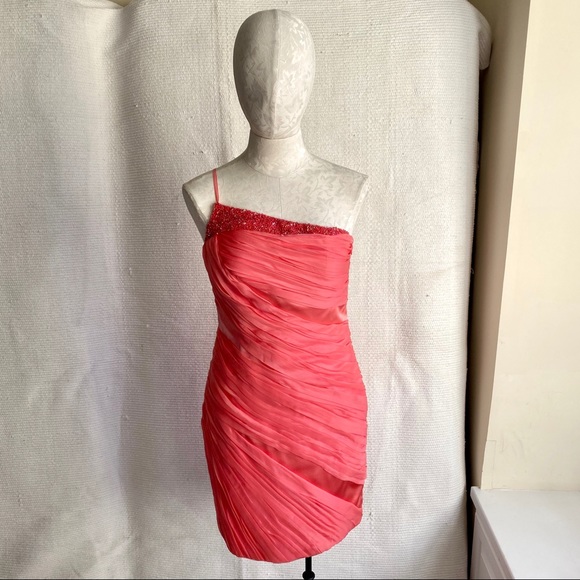 Theia 4/6 Silk Short Gathered Party Dress Coral - Picture 8 of 8